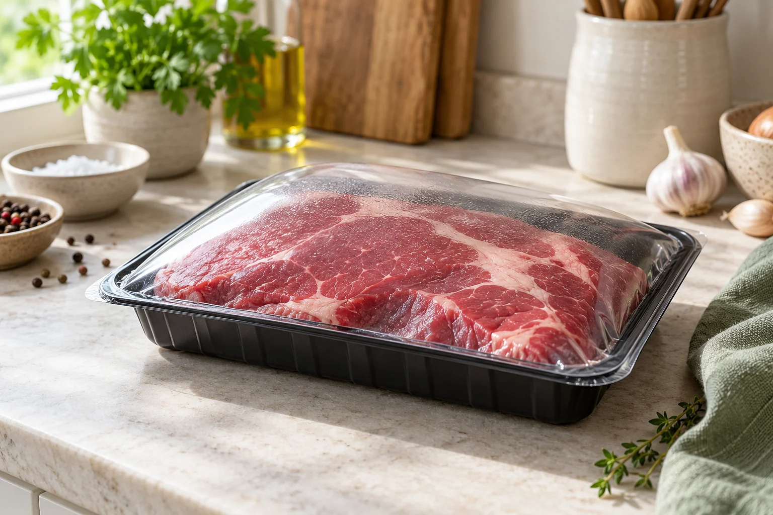 Viande sous vide et emballage gonflé — illustration du sujet de l’article