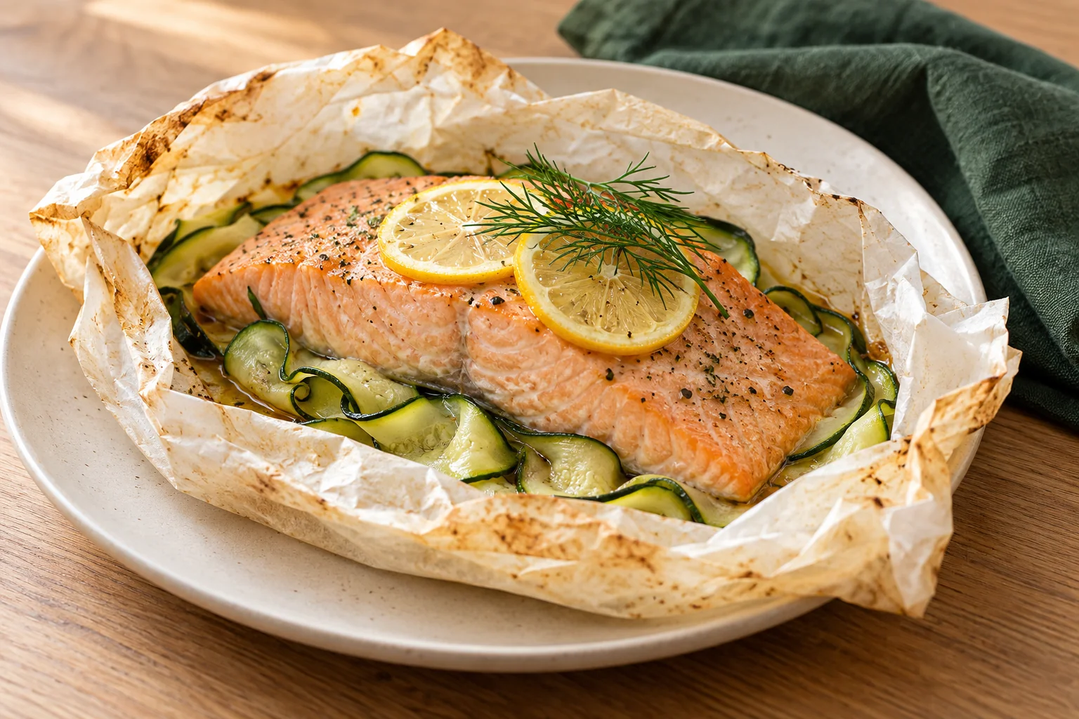 Saumon en papillote au citron et à la courgette : plat terminé