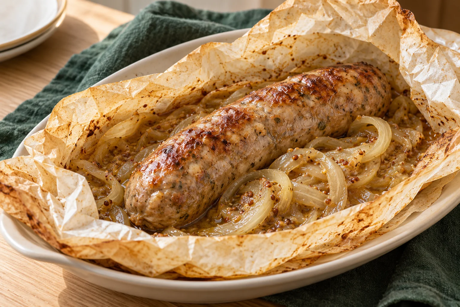 Andouillette en papillote aux oignons et à la moutarde : plat terminé