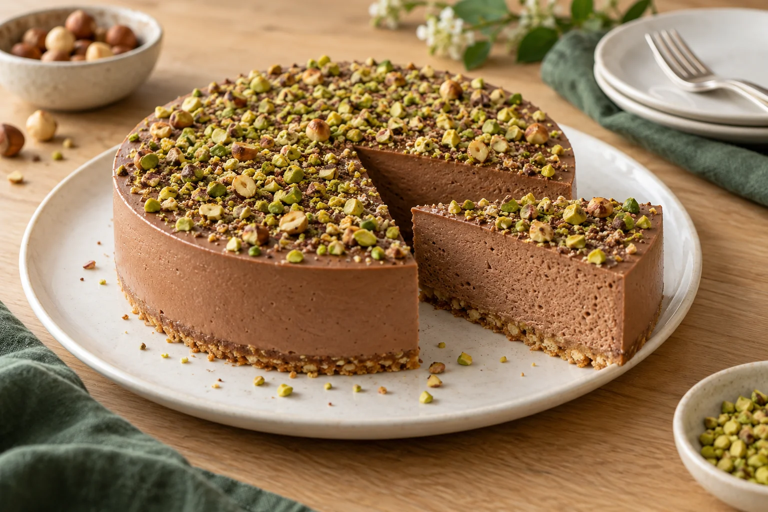 Bavarois chocolat, praliné et pistache : plat terminé