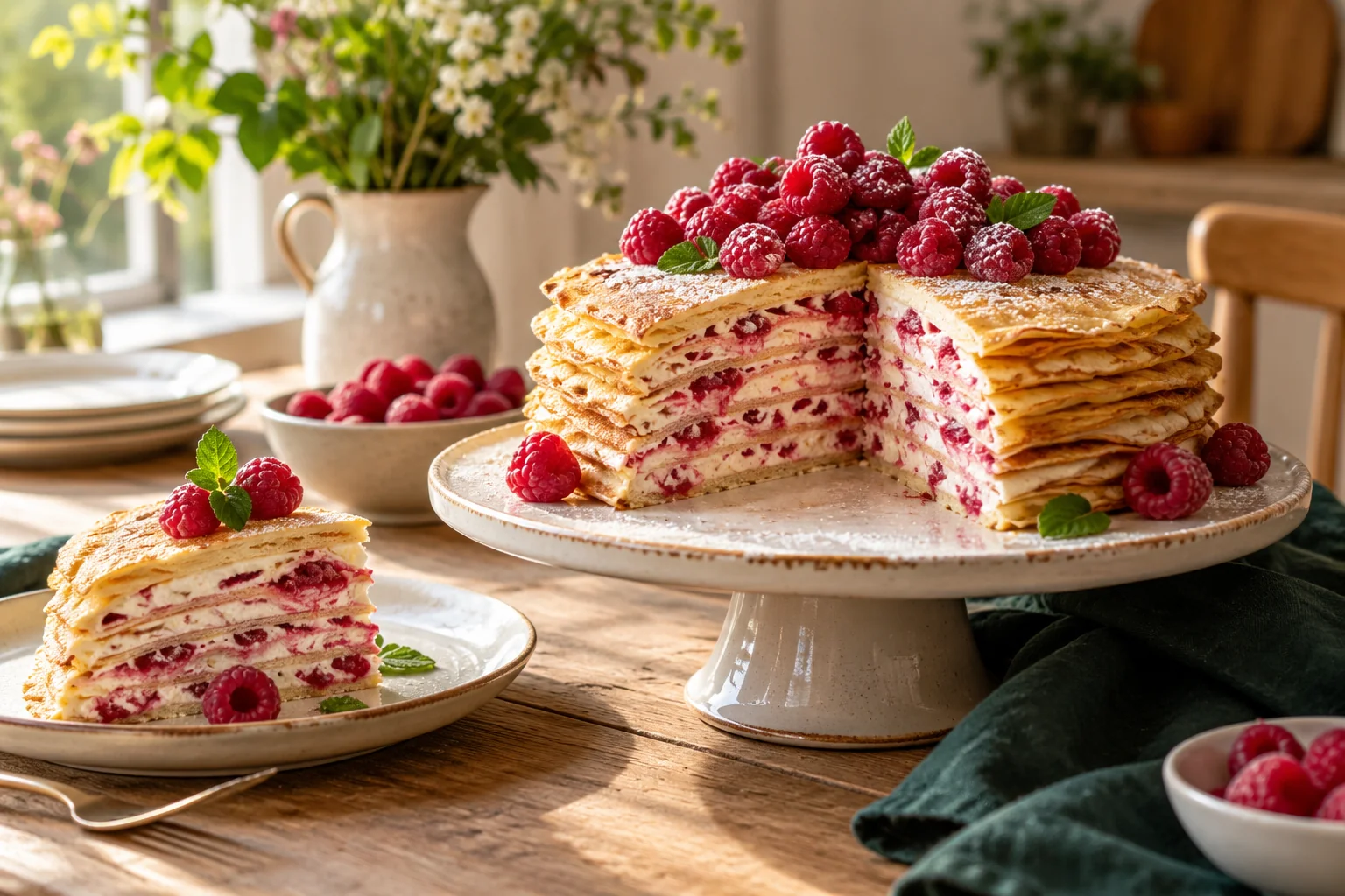 Gâteau de crêpes aux framboises : présentation du plat