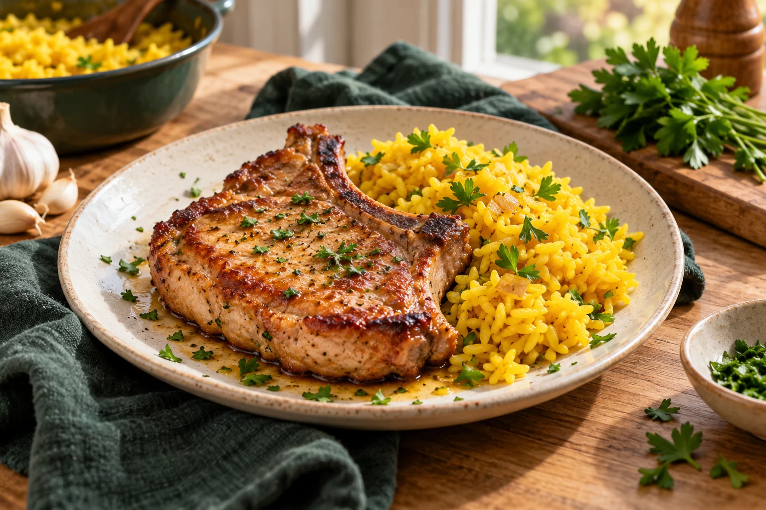 Côtes de porc et riz jaune : présentation du plat