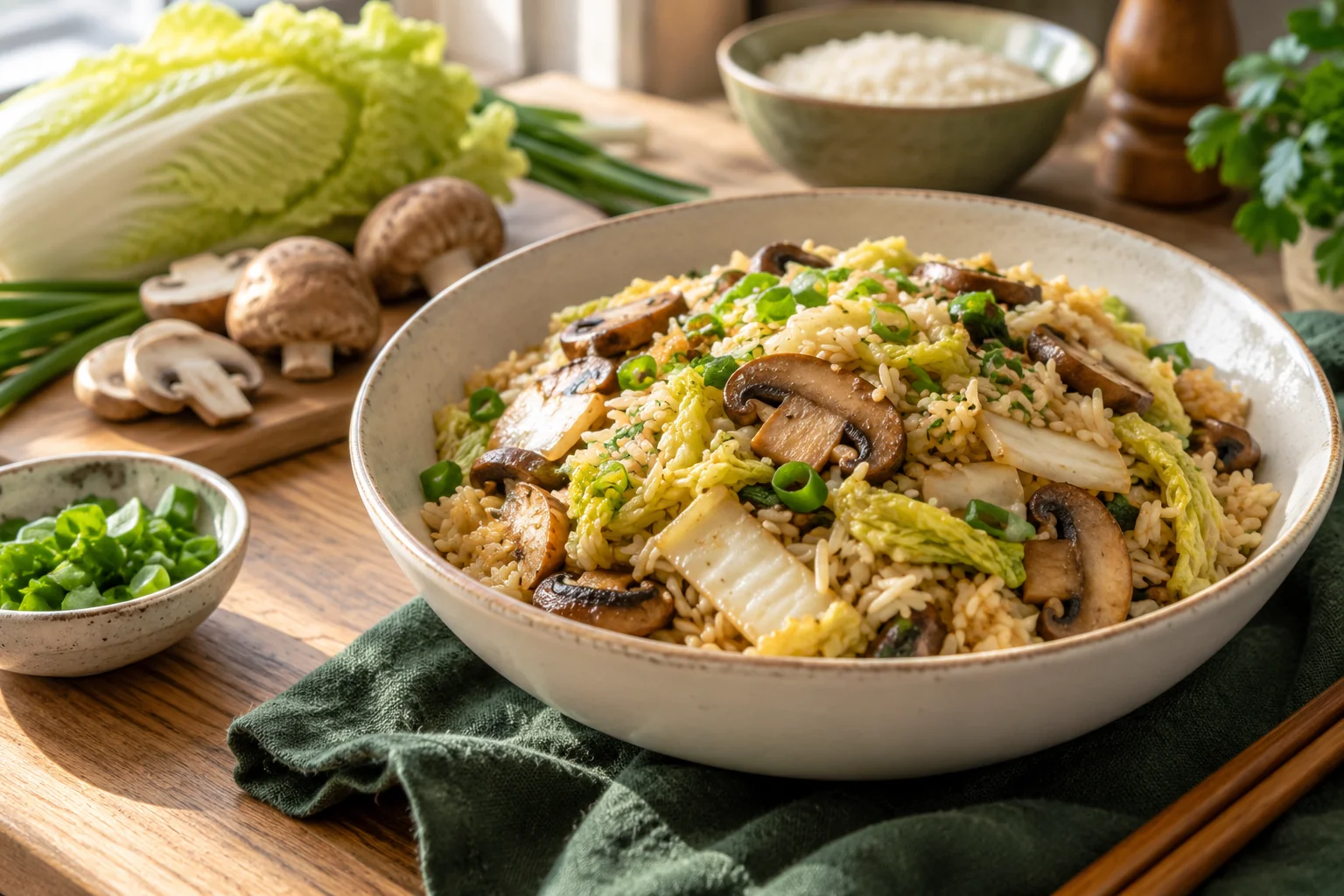 Chou chinois, champignons et riz : présentation du plat