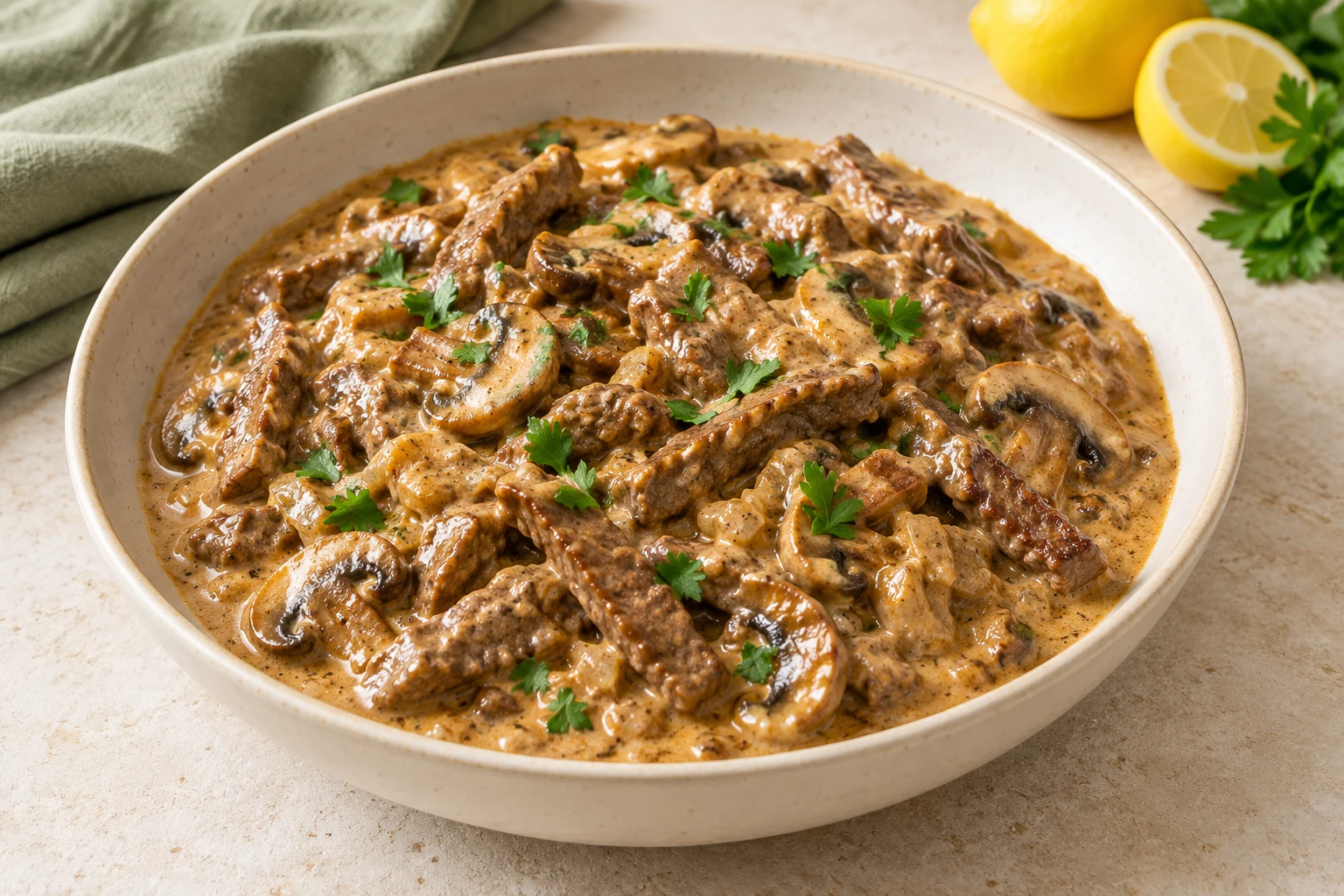 Bœuf Stroganoff crémeux : plat terminé