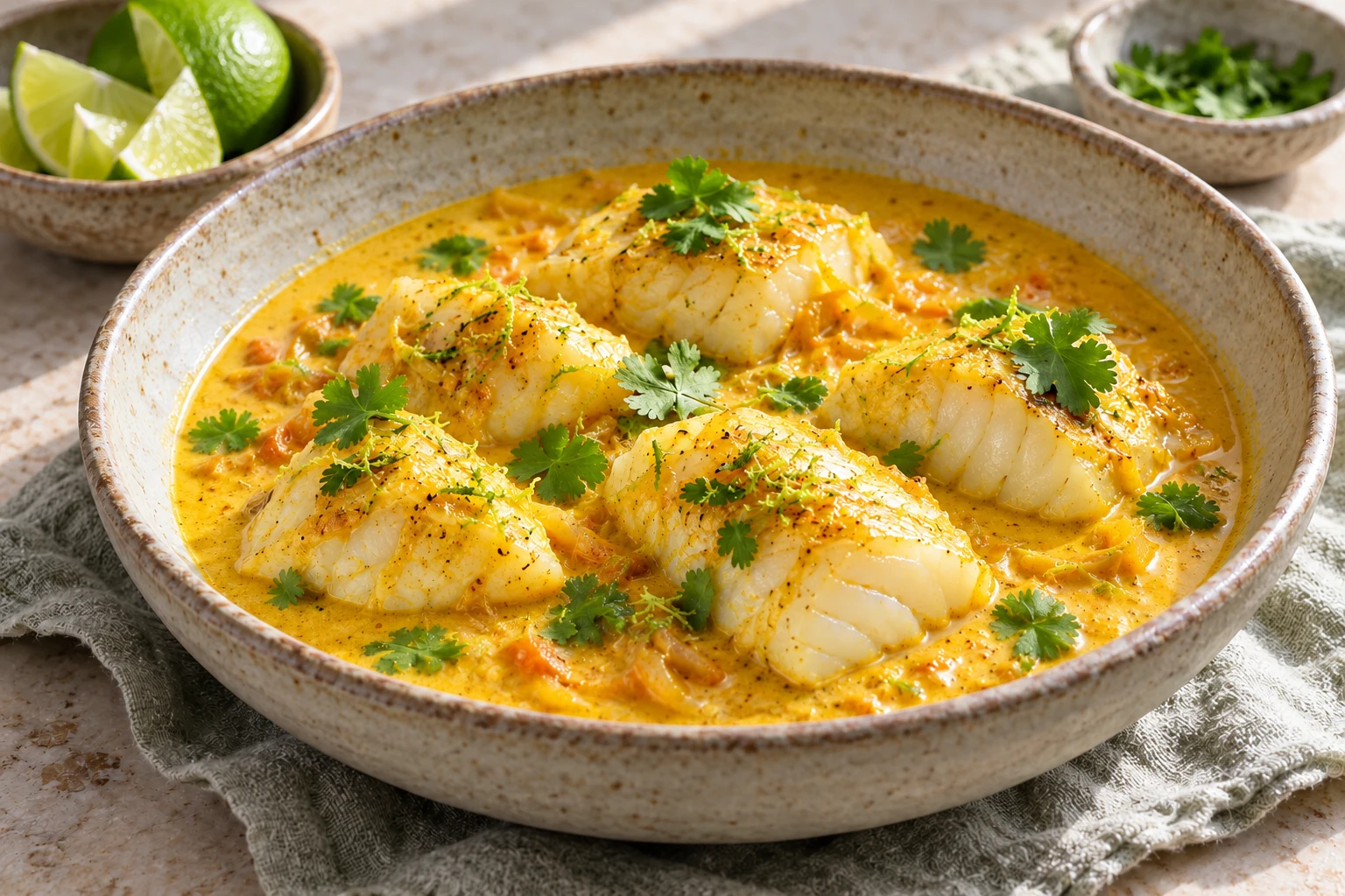 Cabillaud sauce curry et coco : plat terminé