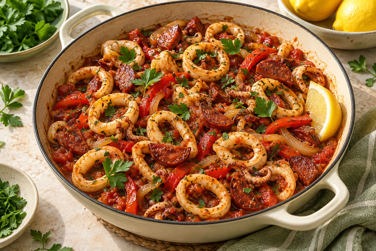 Calamars poêlés au chorizo : plat terminé