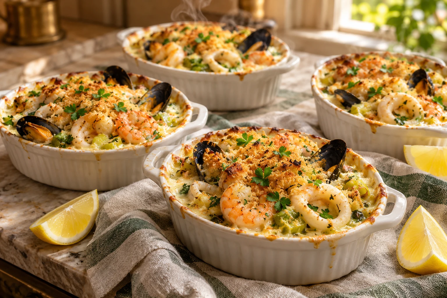 Cassolette de fruits de mer gratinée : plat terminé