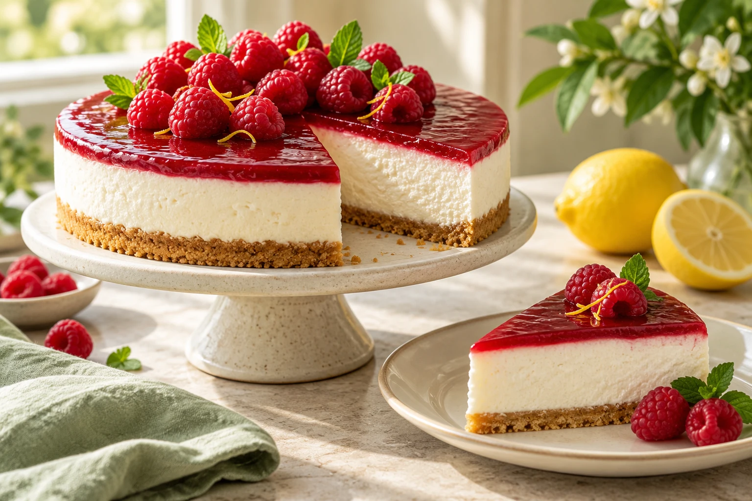 Cheesecake froid au coulis de framboise : plat terminé