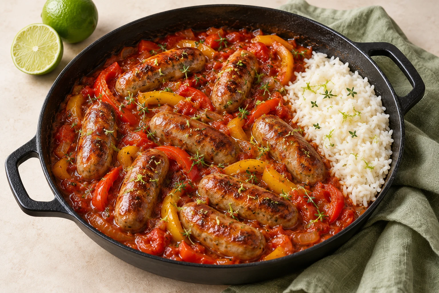 Chipolatas créoles aux poivrons : plat terminé