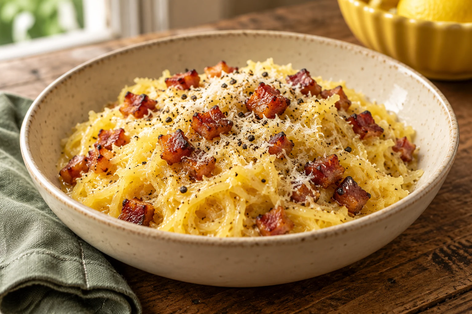 Courge spaghetti façon carbonara : plat terminé