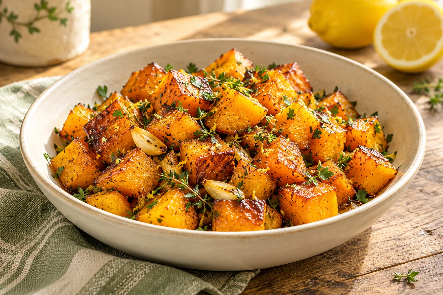 Courges sautées à l’ail et au thym : plat terminé