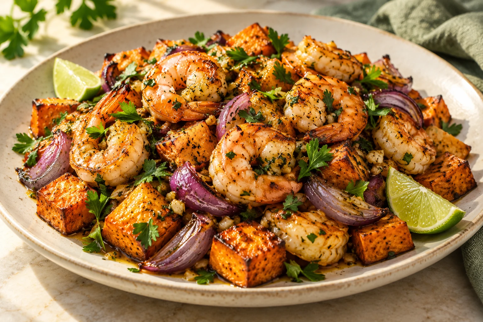 Crevettes rôties aux patates douces : plat terminé