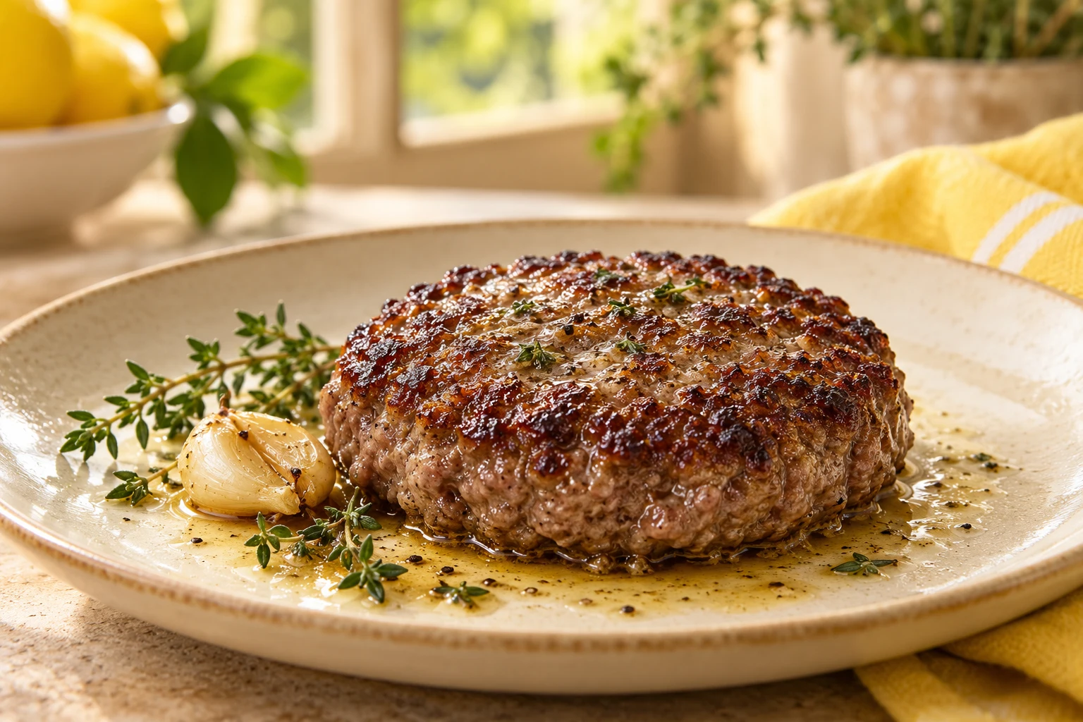 Steak haché à la poêle sans le presser : plat terminé
