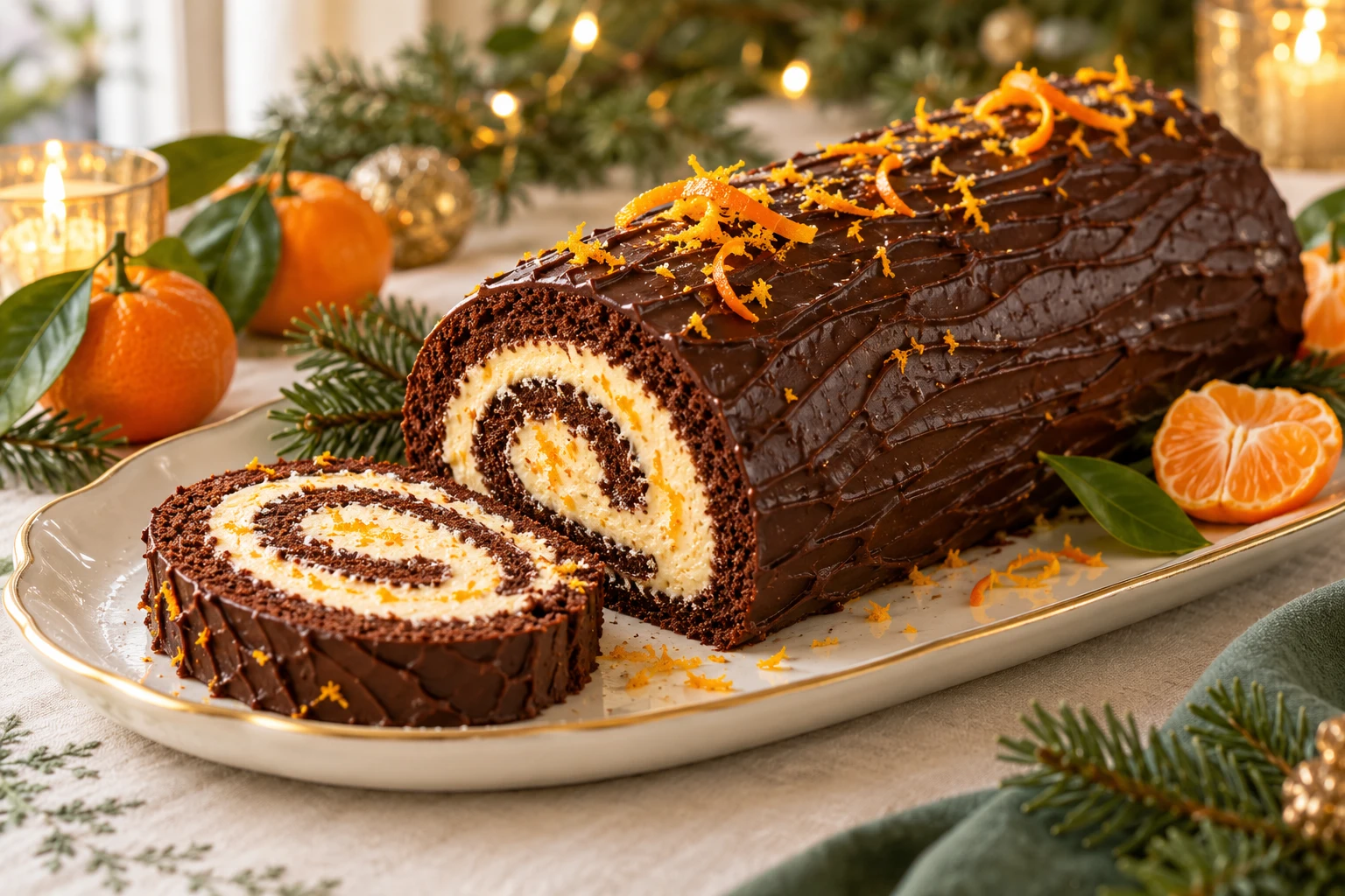 Bûche roulée chocolat-clémentine : plat terminé