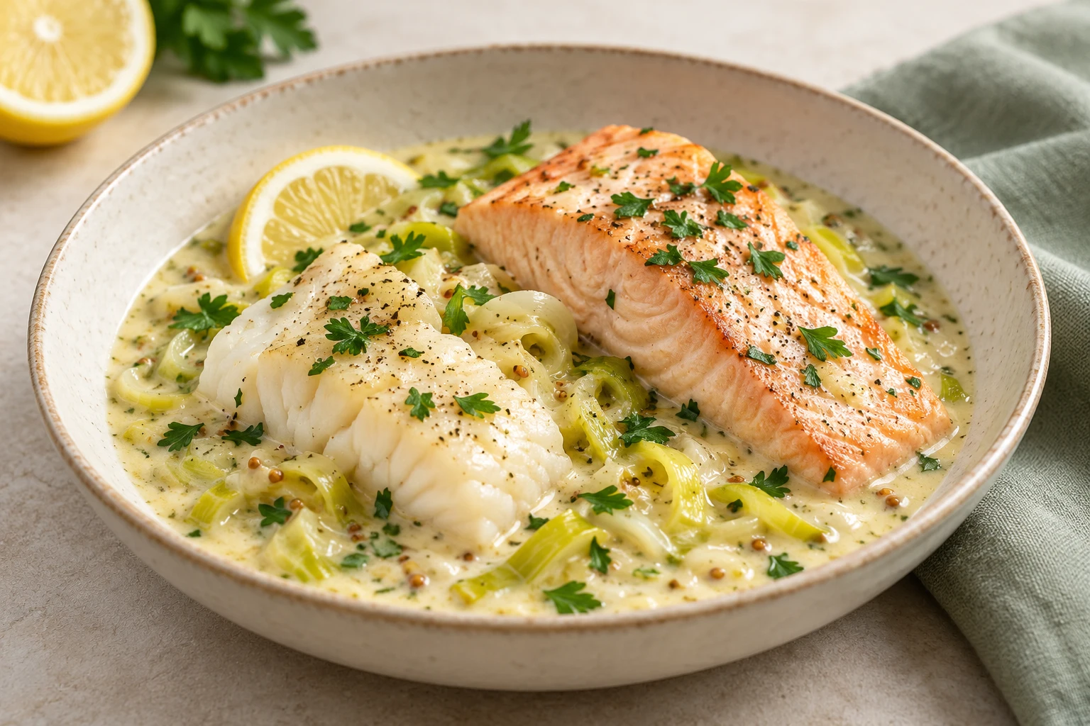 Duo de cabillaud et saumon en sauce : plat terminé