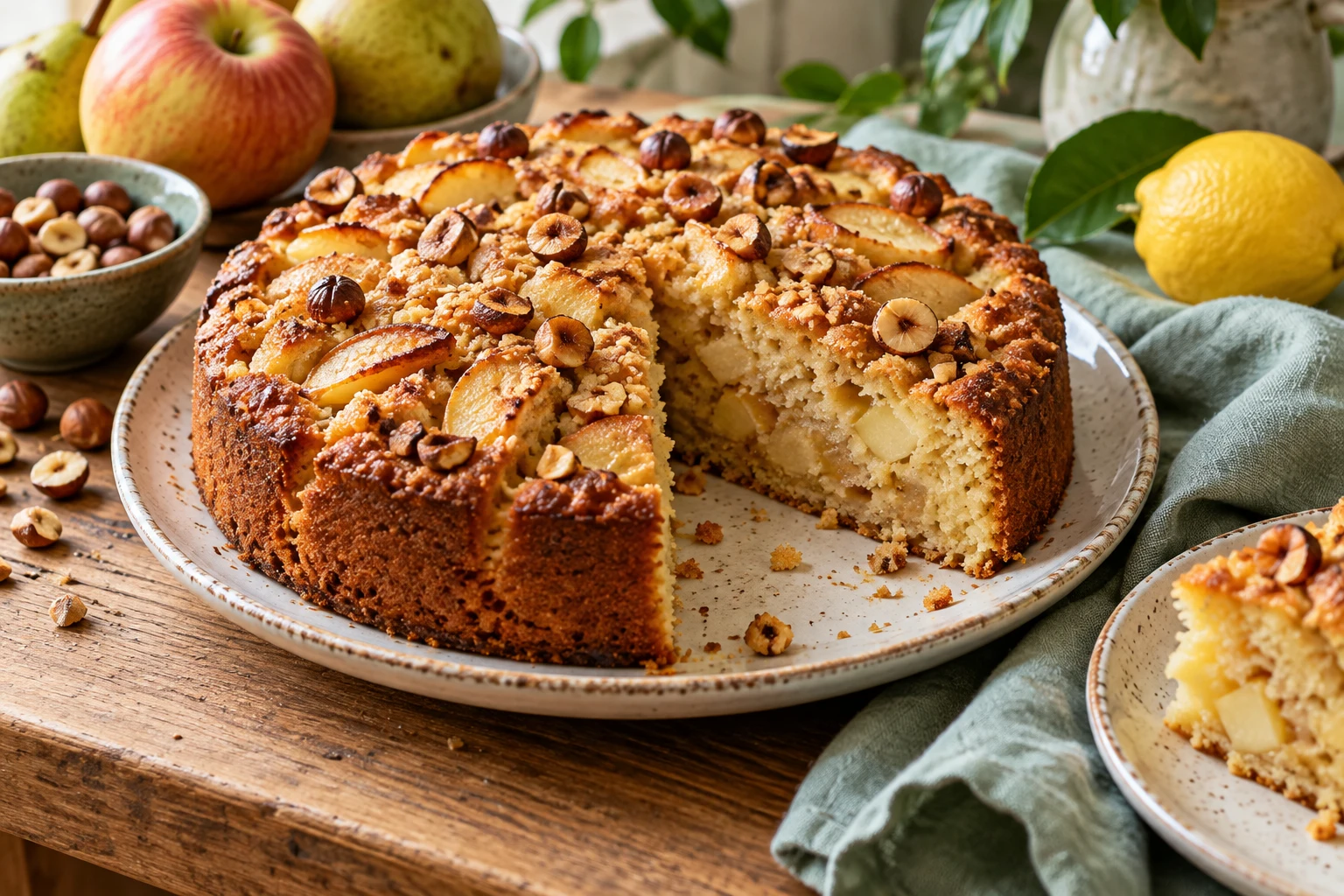 Gâteau aux pommes, poire et noisettes : plat terminé