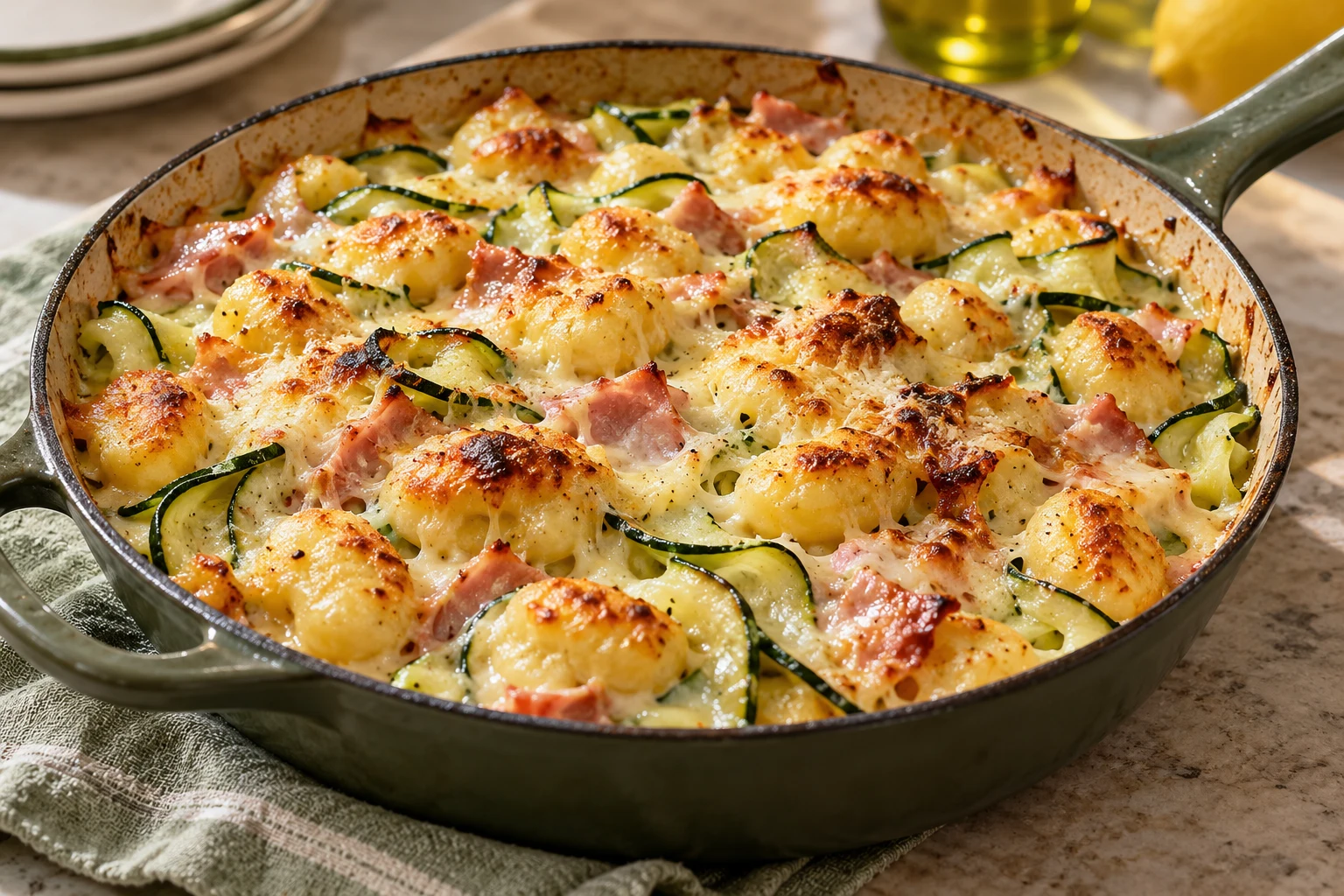 Gratin express de gnocchis, courgette et jambon : plat terminé