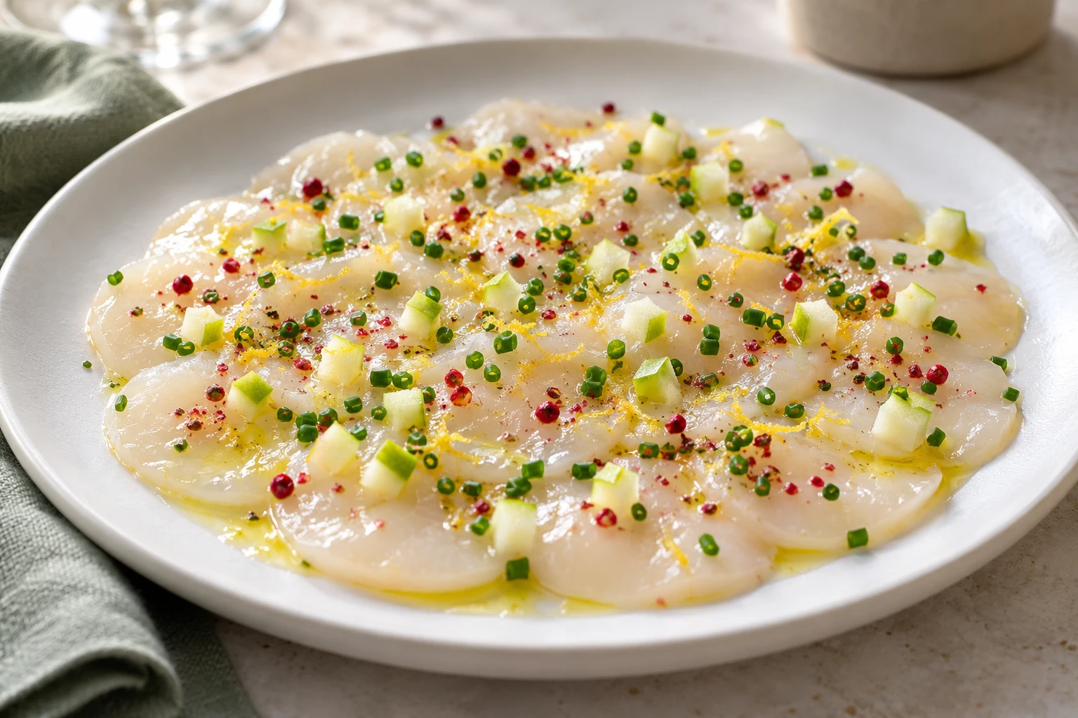 Carpaccio de Saint-Jacques à l’huile d’olive : plat terminé