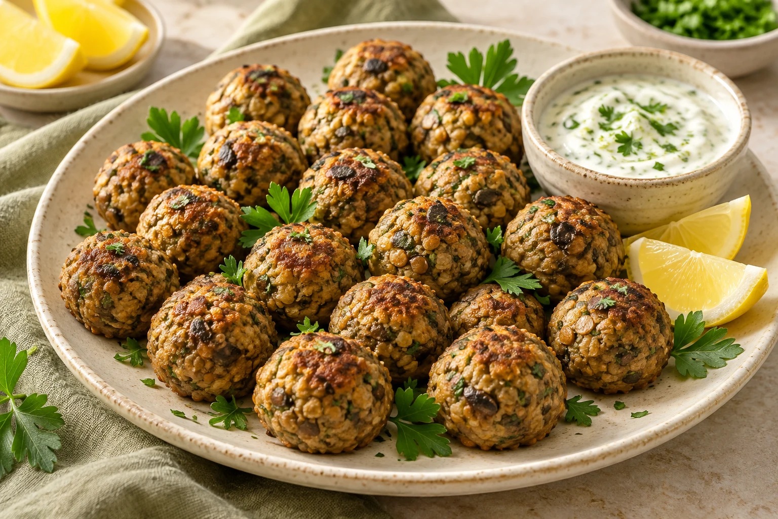 Boulettes végétariennes aux lentilles et au lin : plat terminé