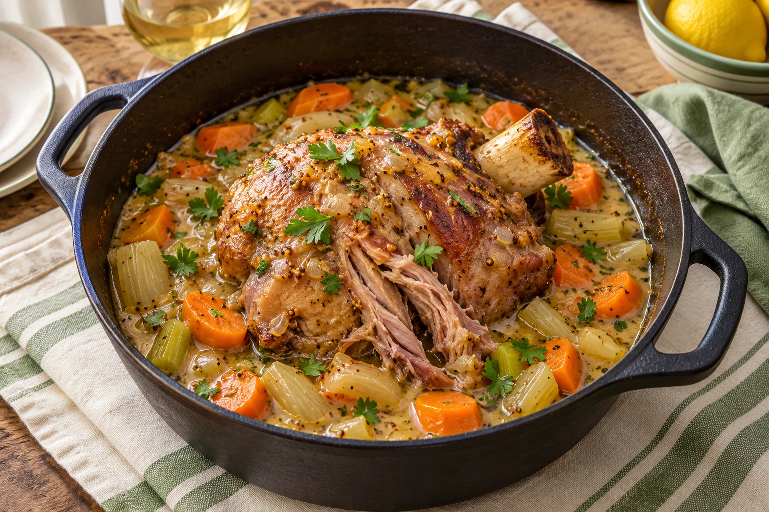 Jarret de porc mijoté au vin blanc : plat terminé