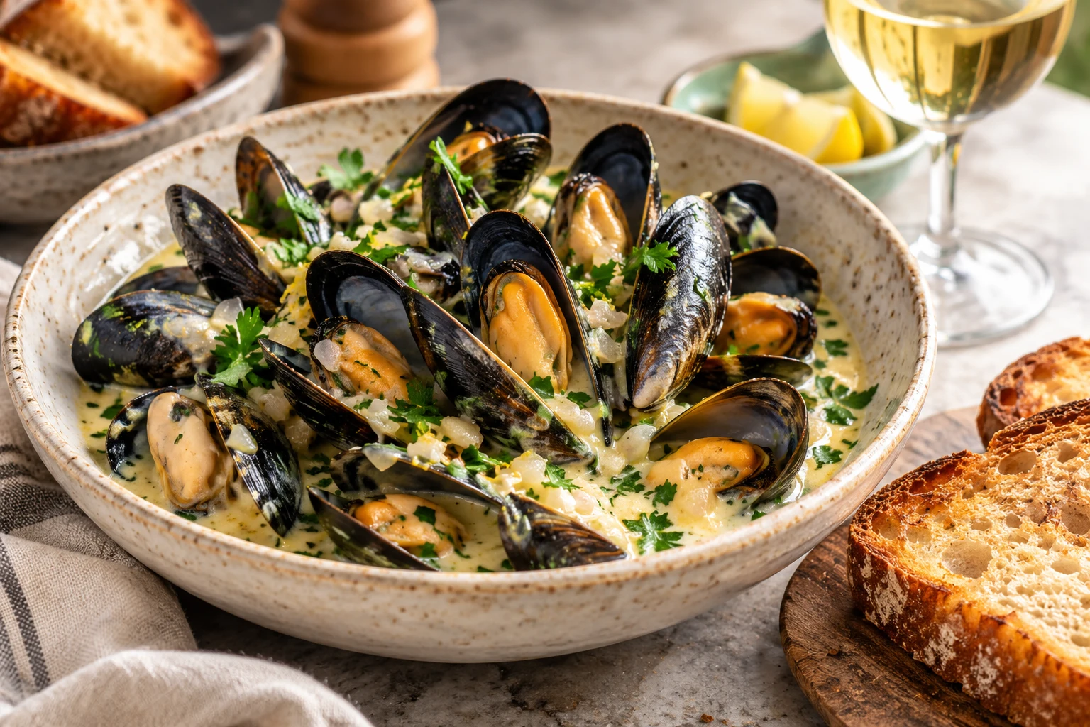 Moules crème et vin blanc : plat terminé