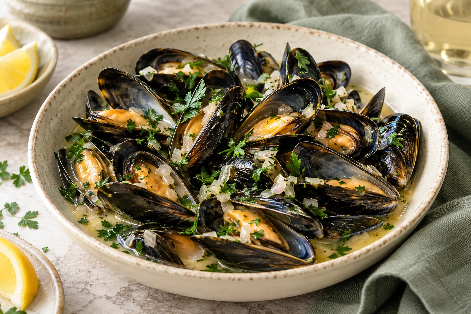 Moules marinières au persil : plat terminé