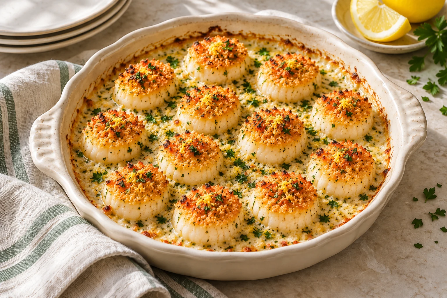 Saint-Jacques gratinées au four : plat terminé