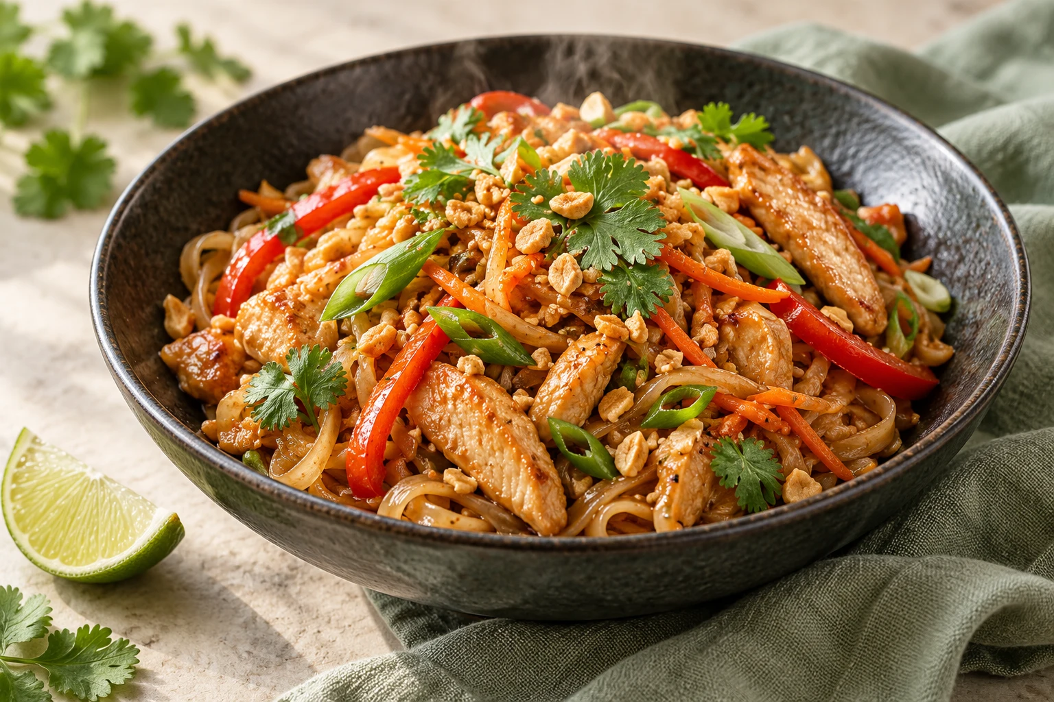 Nouilles de riz sautées au poulet : plat terminé