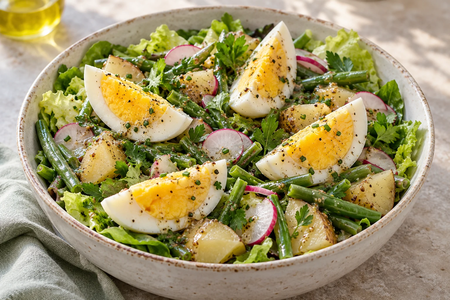 Salade complète aux œufs d’oie : plat terminé