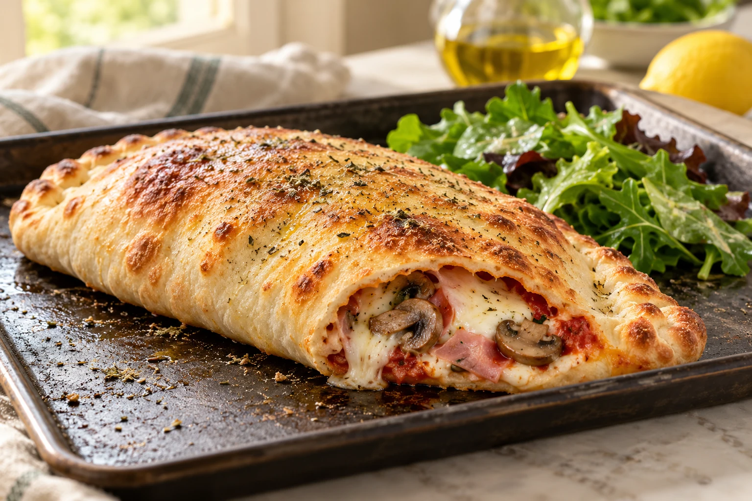 Calzone jambon, champignons et mozzarella : plat terminé