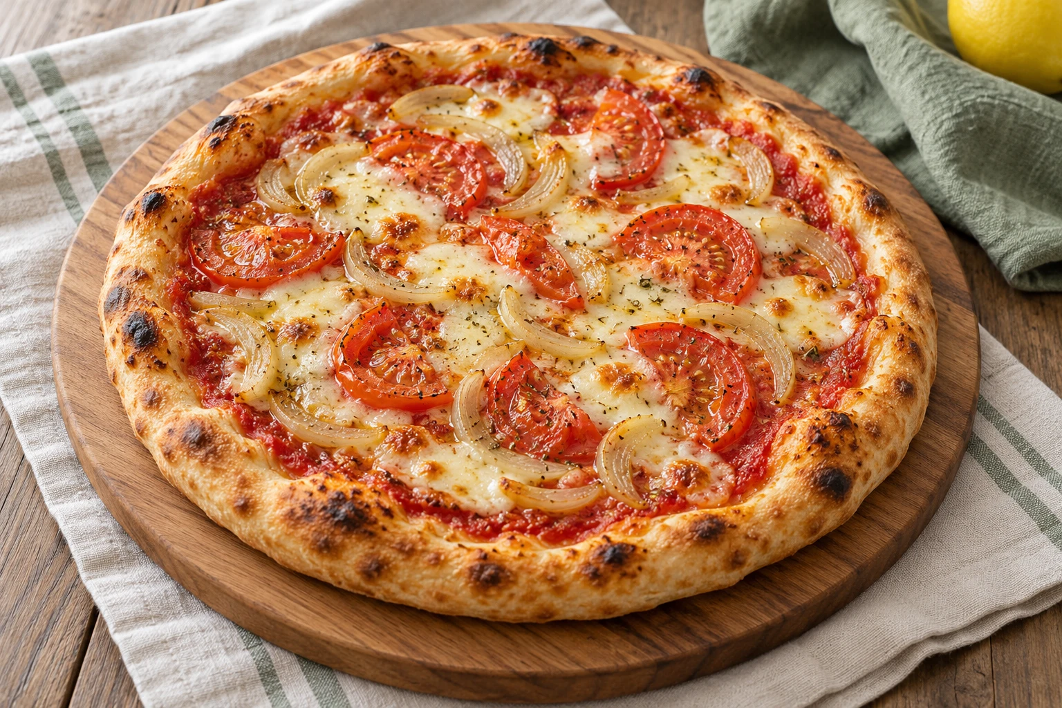 Pizza aux tomates et oignons : plat terminé