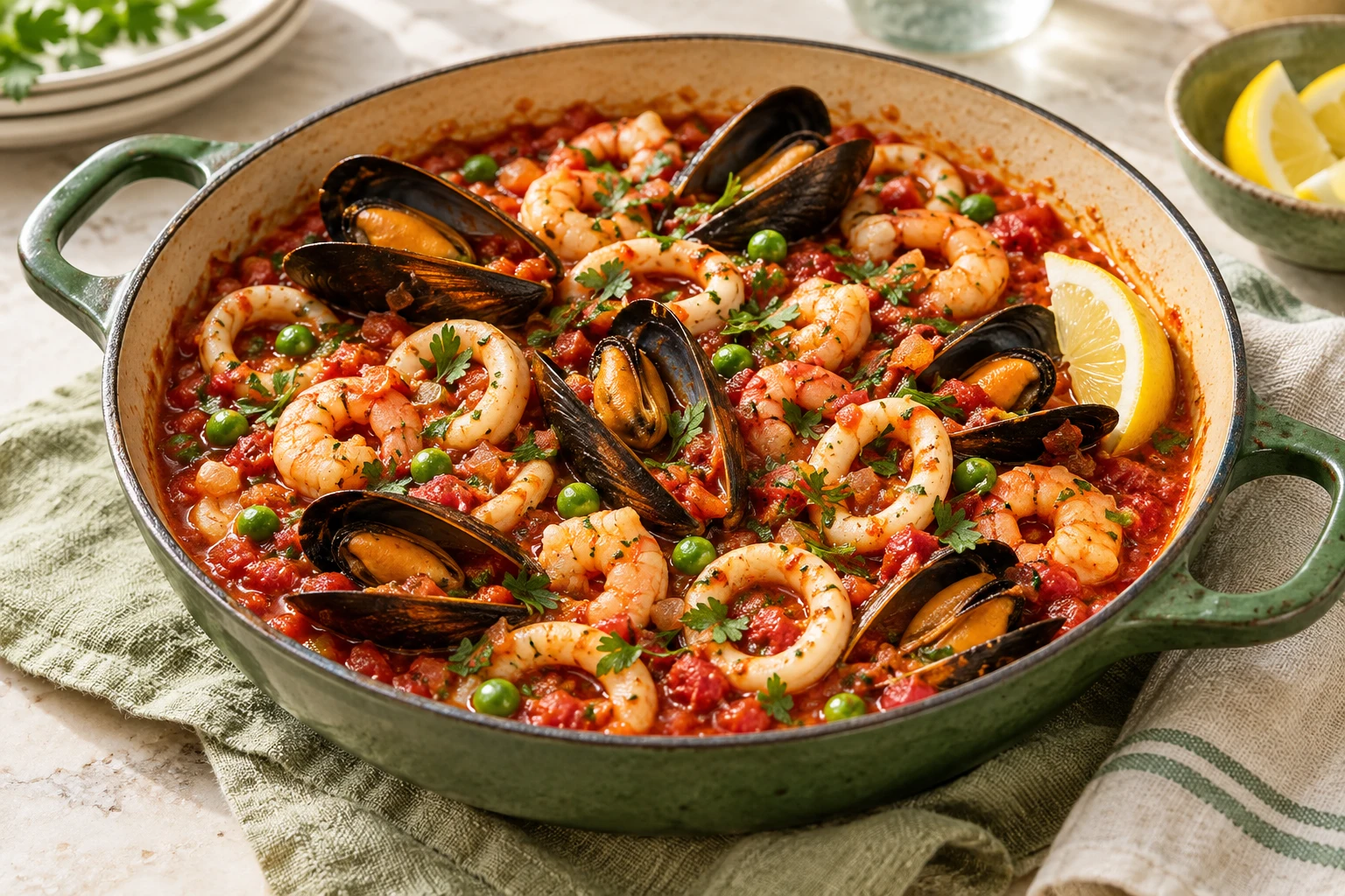 Poêlée de fruits de mer à la tomate : plat terminé