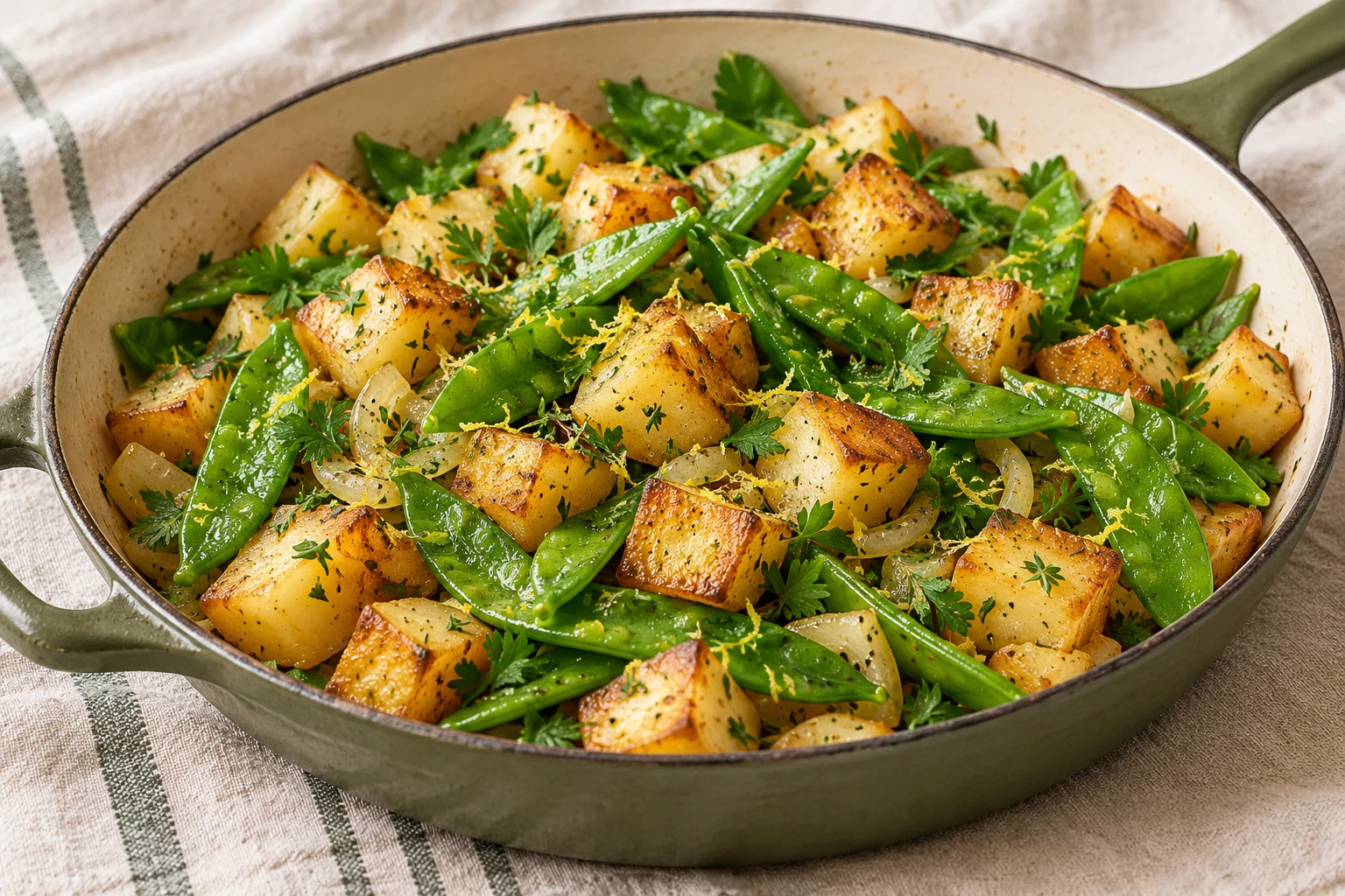 Poêlée de pois gourmands et pommes de terre : plat terminé