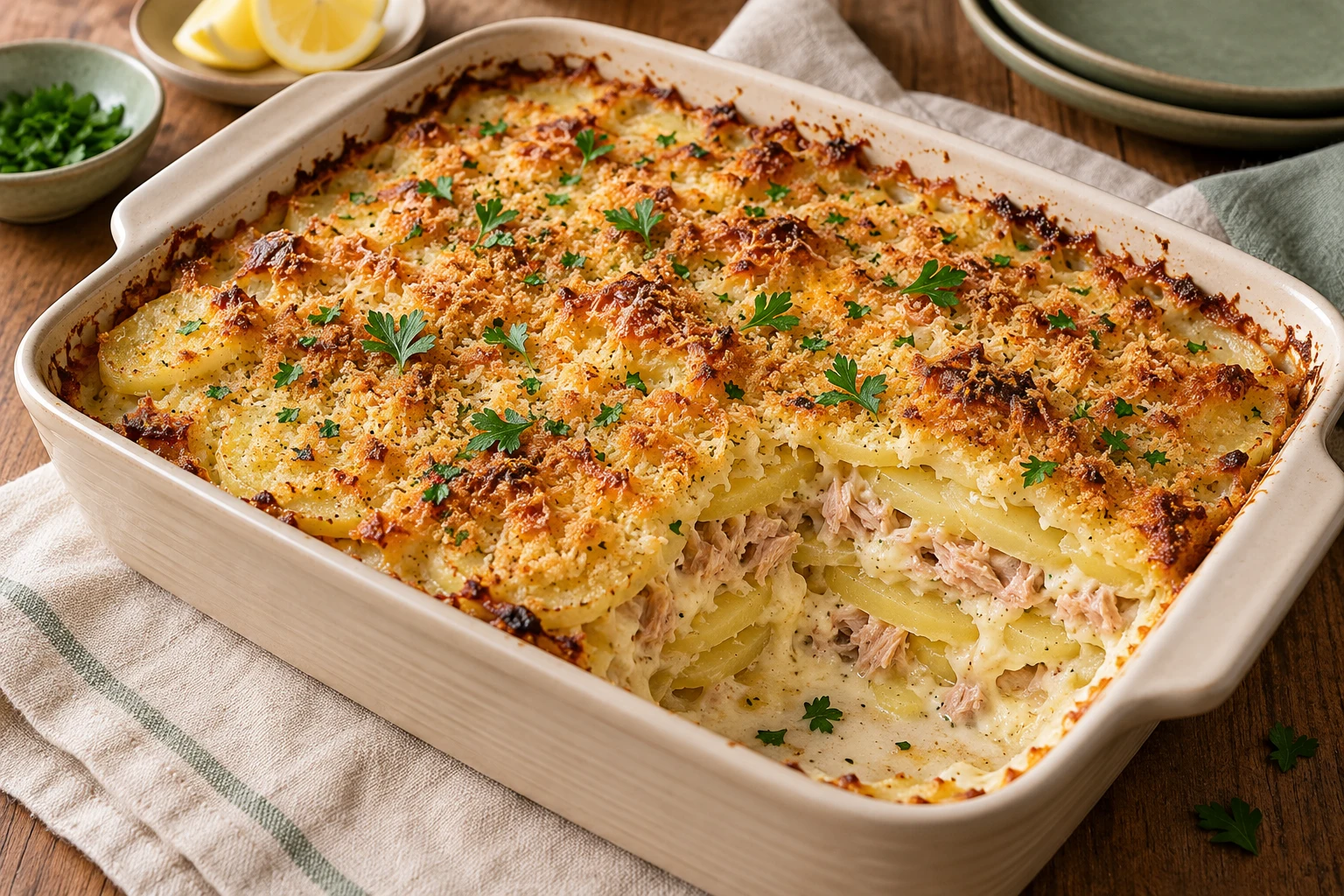 Gratin de pommes de terre au thon : plat terminé