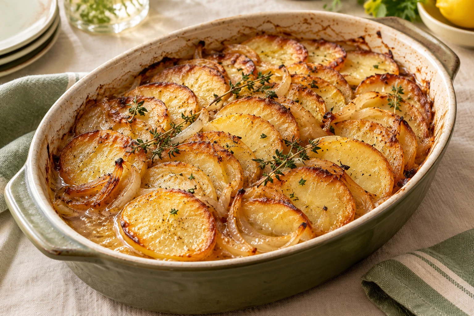 Pommes de terre dorées aux oignons et bouillon : plat terminé