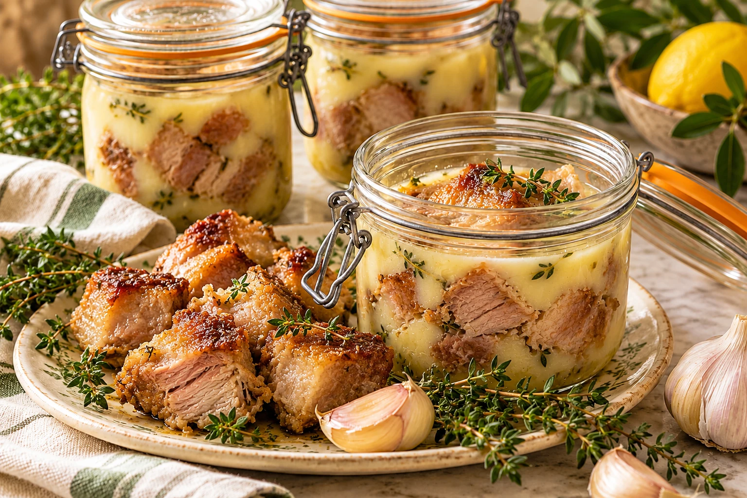 Porc confit en bocal : plat terminé