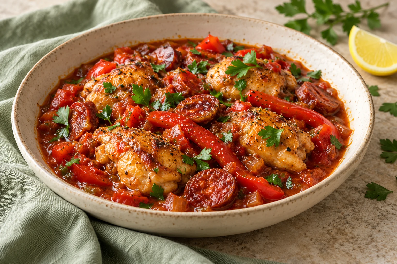 Poulet mijoté au chorizo : plat terminé