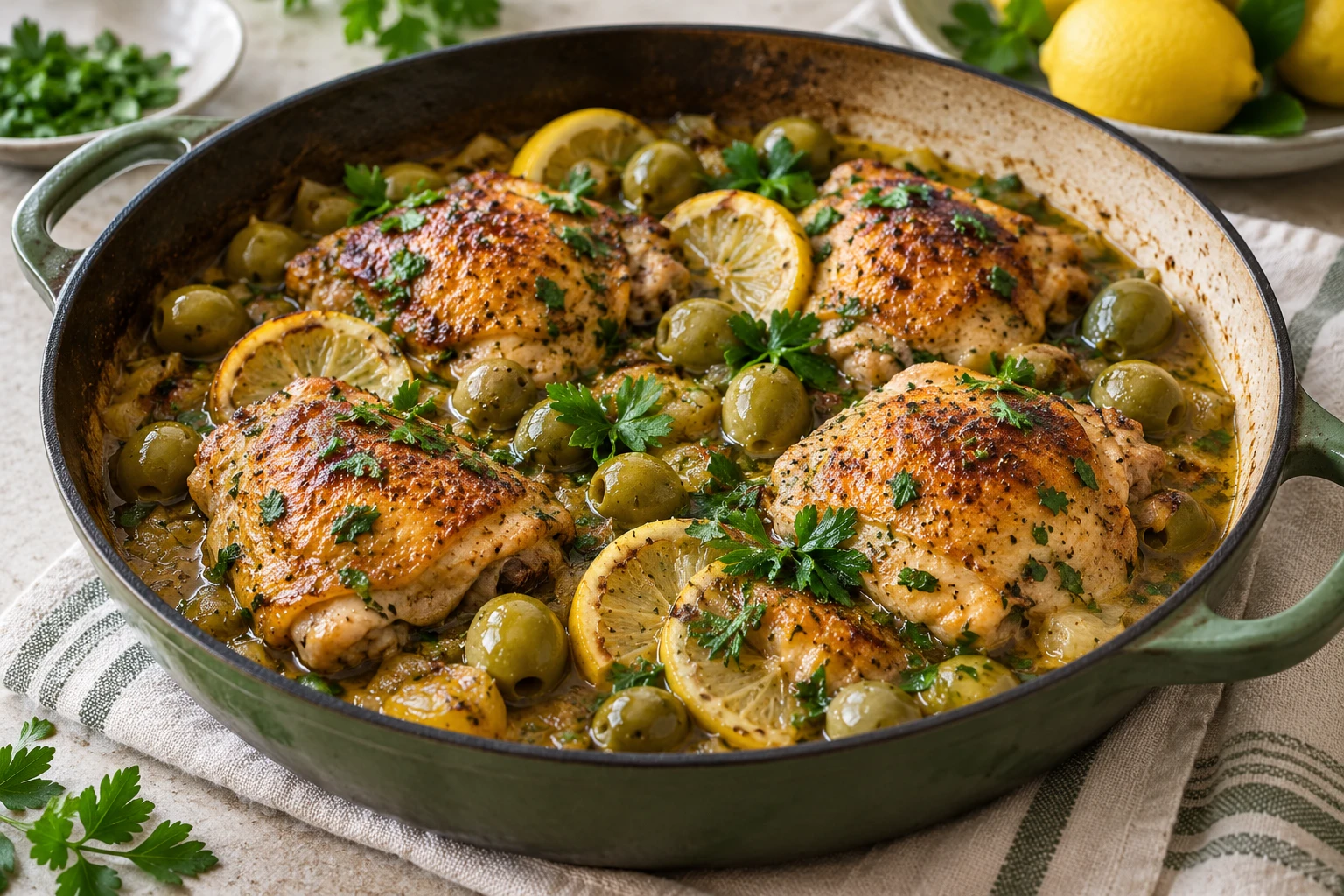 Poulet mijoté aux olives vertes : plat terminé