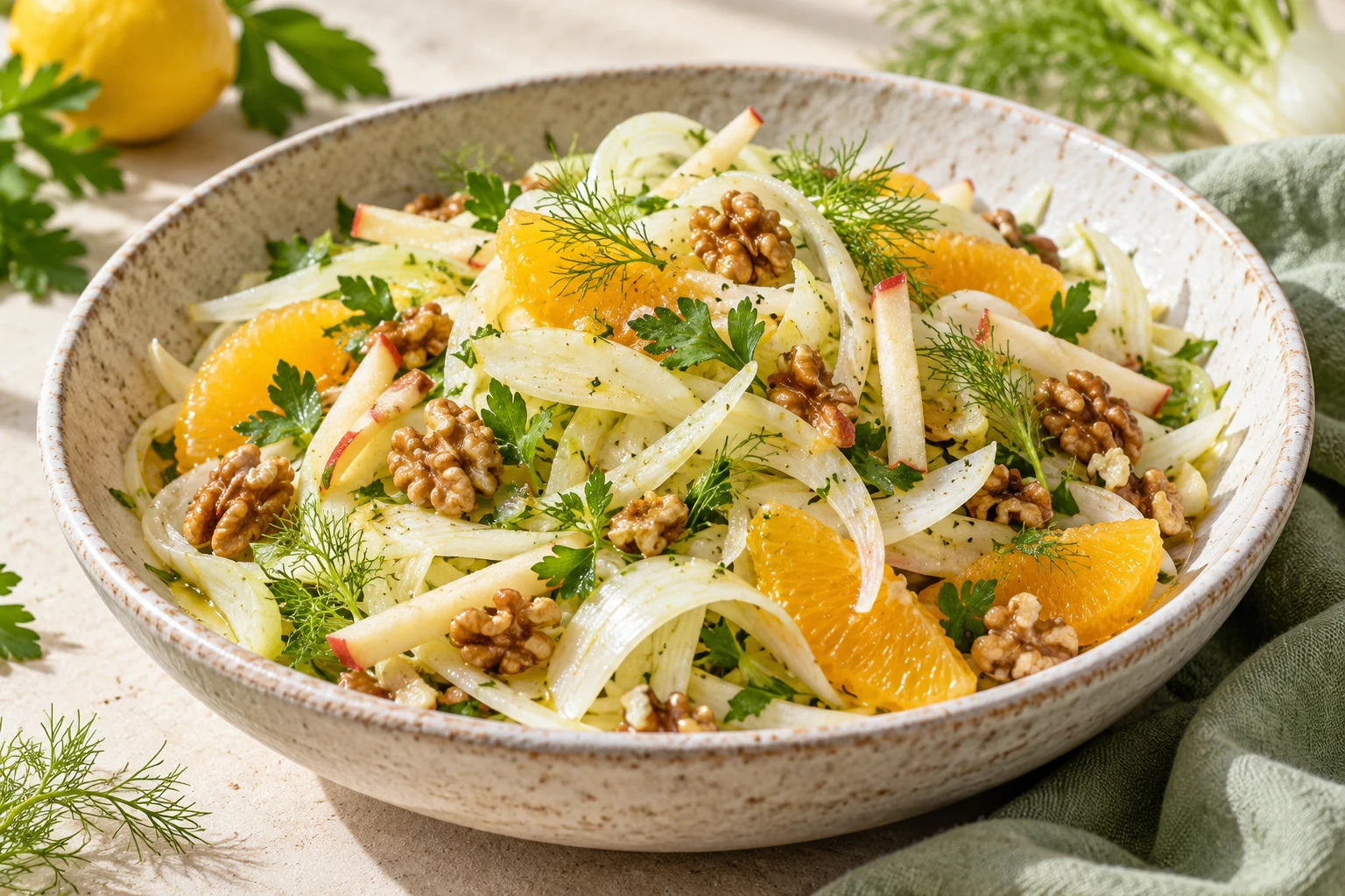Salade de fenouil cru, orange et pomme : plat terminé