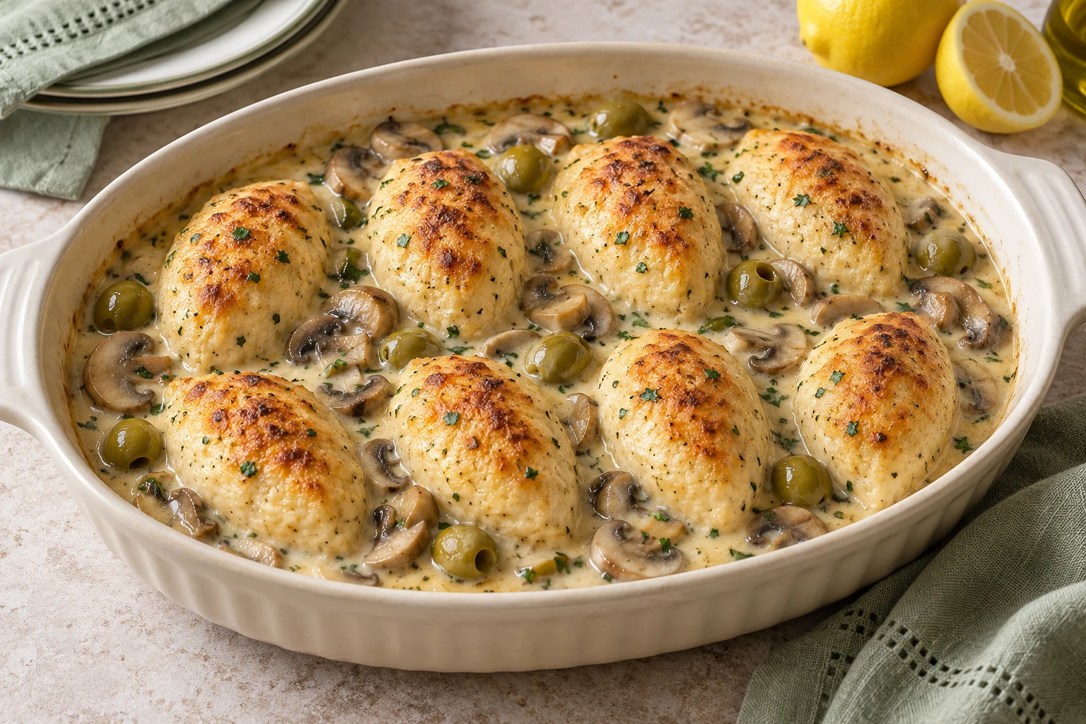 Quenelles de volaille, sauce financière : plat terminé