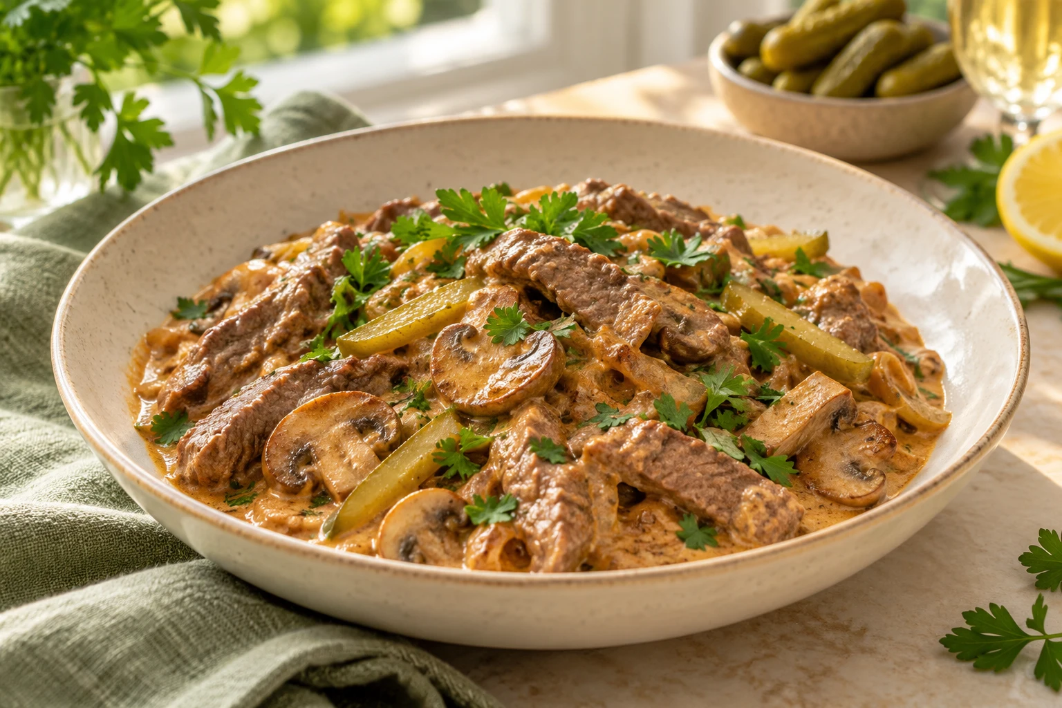 Bœuf Strogonoff crémeux aux champignons : plat terminé