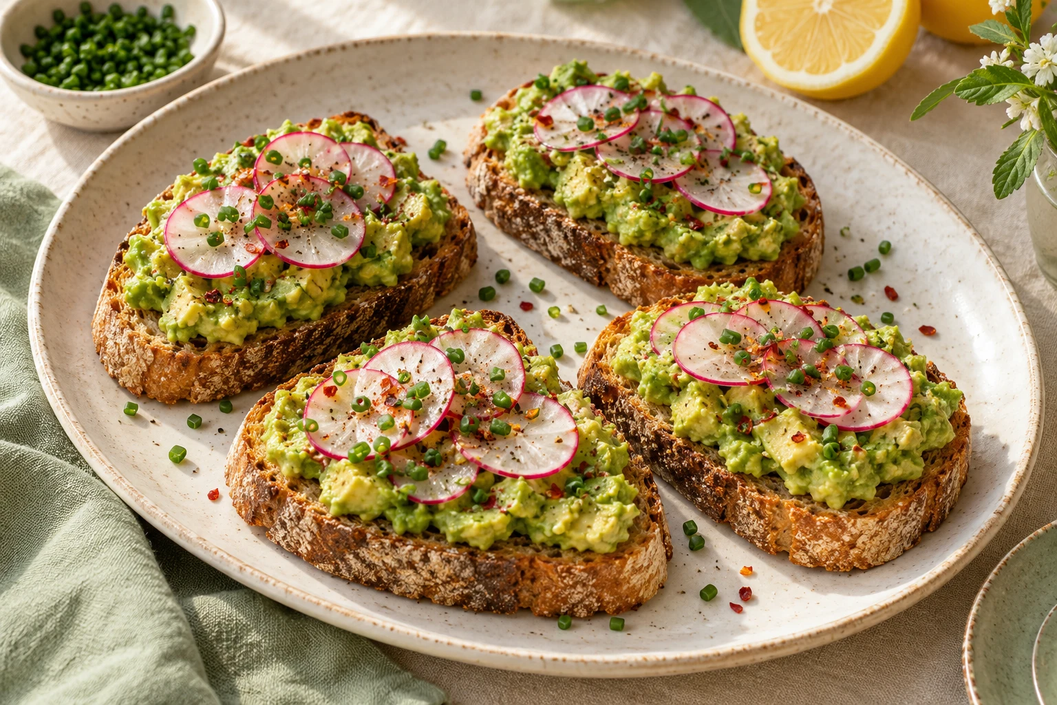 Avocado toast au citron et radis : plat terminé
