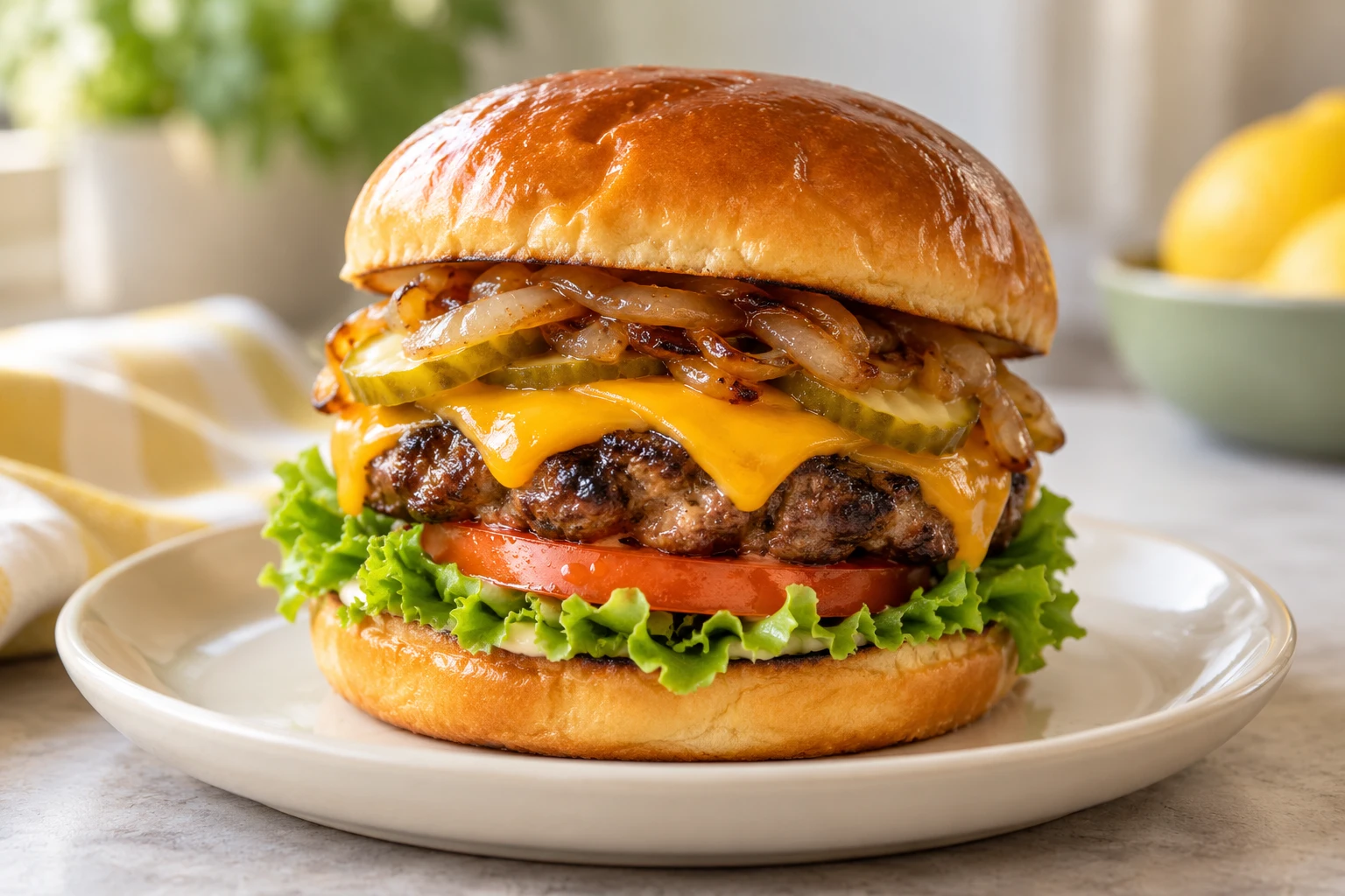 Cheeseburger maison aux oignons fondants : plat terminé
