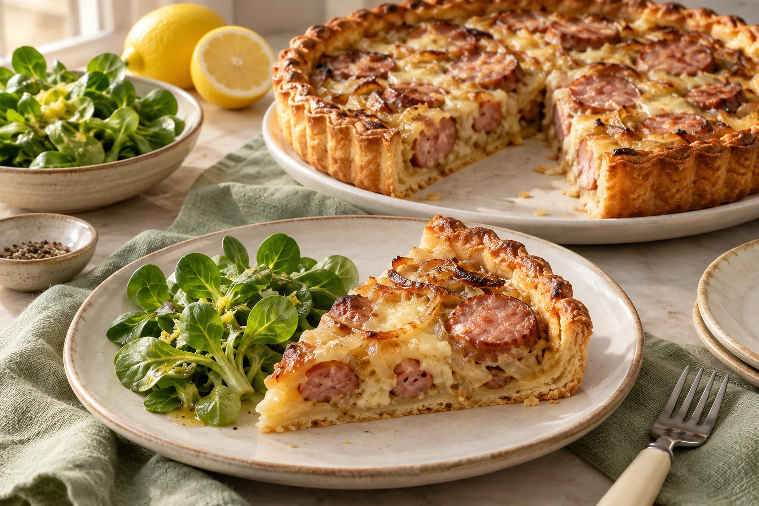 Tarte salée à la saucisse de Morteau et au comté : plat terminé