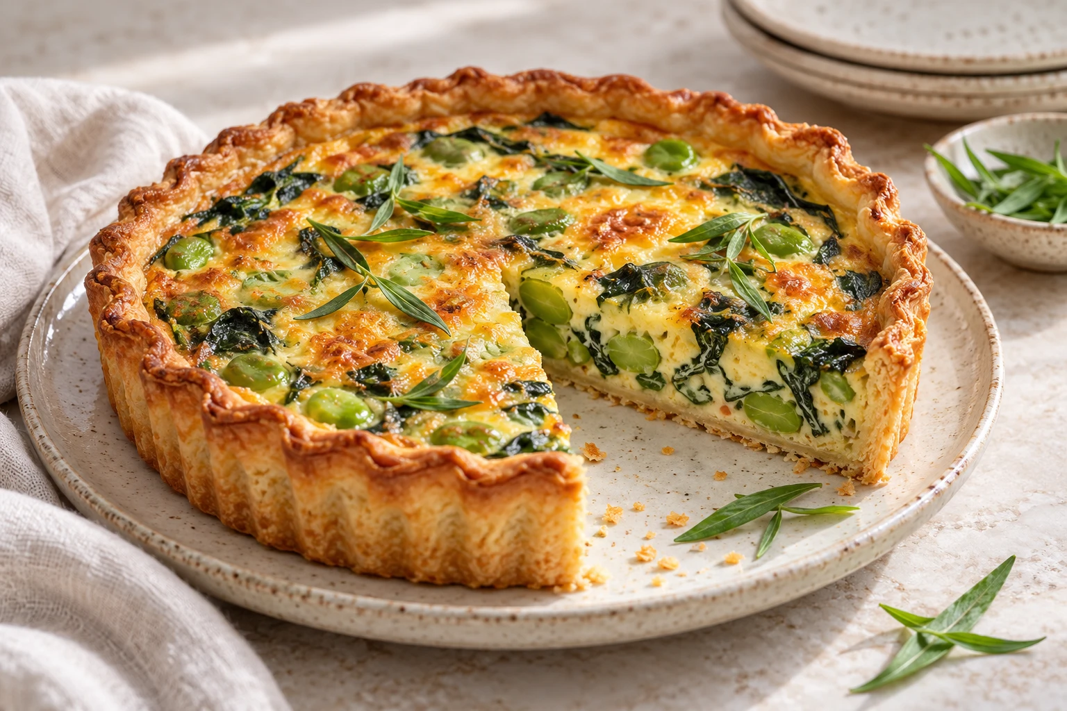 Quiche épinards, fèves et estragon : plat terminé