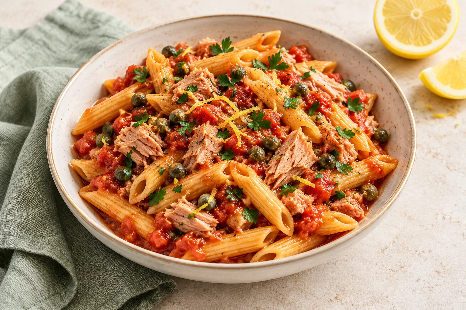 Pâtes au thon, tomate et citron : plat terminé