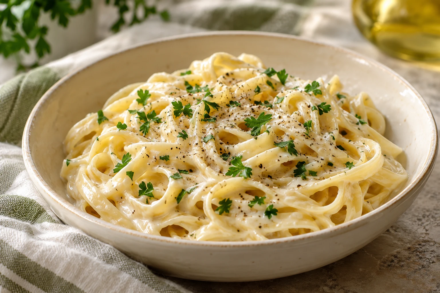 Pâtes Alfredo crémeuses : plat terminé