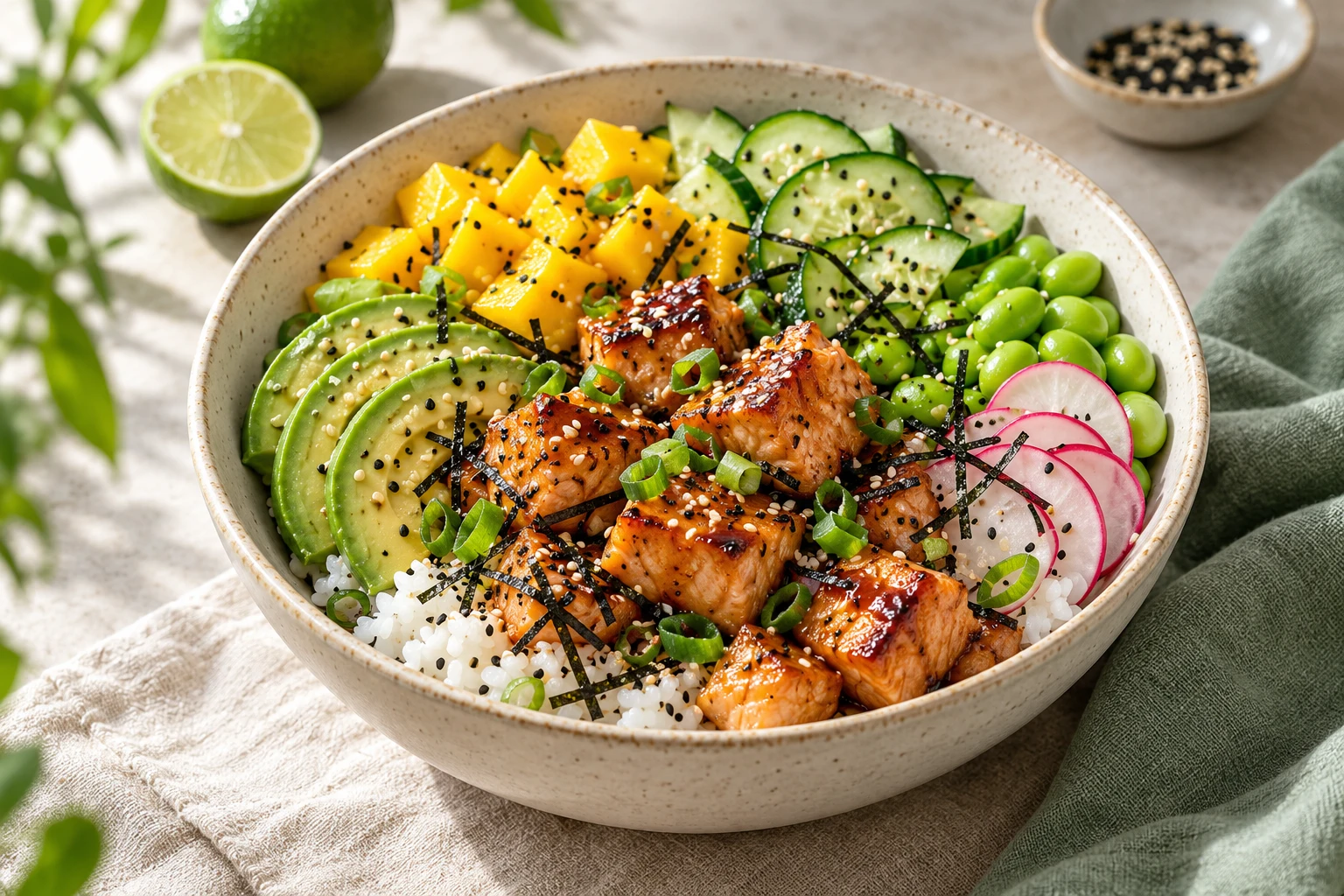 Poke bowl au saumon cuit et à la mangue : plat terminé