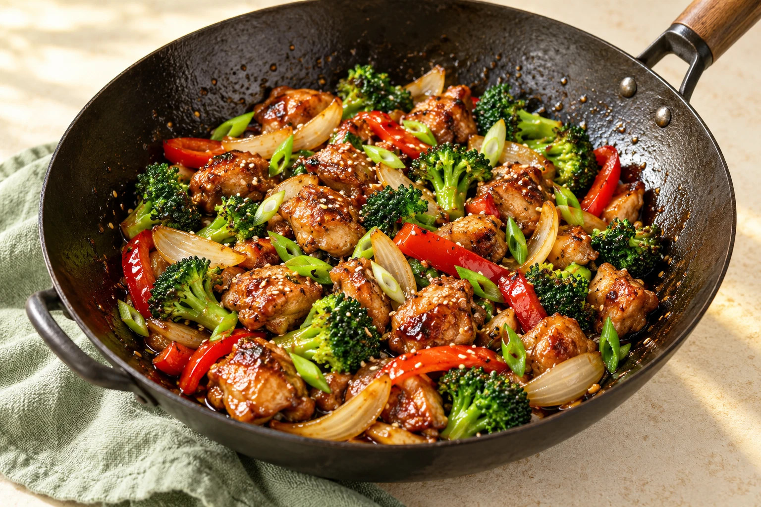 Poulet sauté, légumes et sauce soja : plat terminé