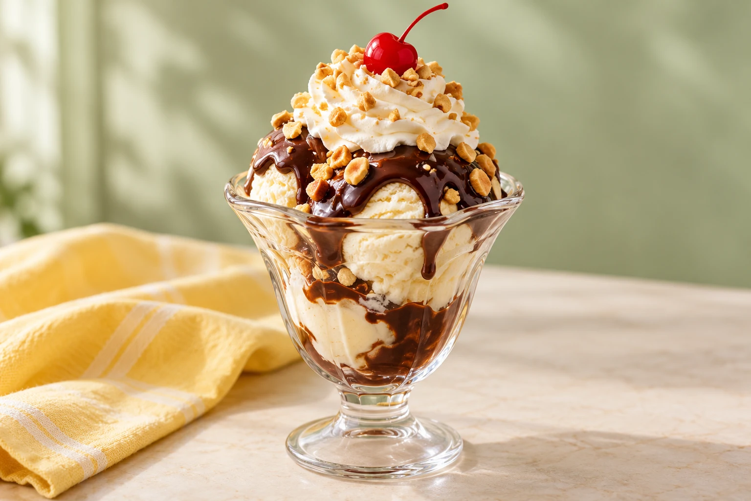 Sundae vanille, chocolat et cacahuètes : plat terminé
